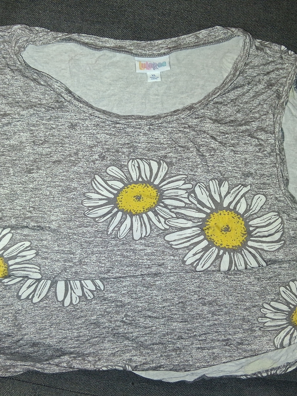 LuLaRoe Heather Gray Daisy Crop Top with Yellow Centers